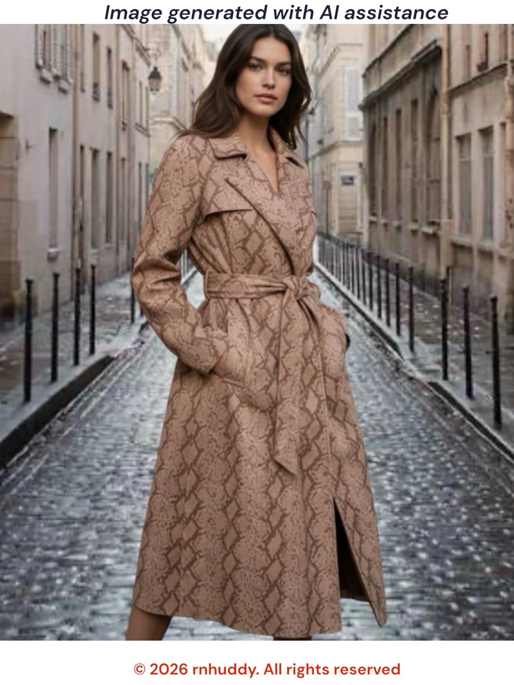 Solitaire L brown snakeskin print open belted trench coat